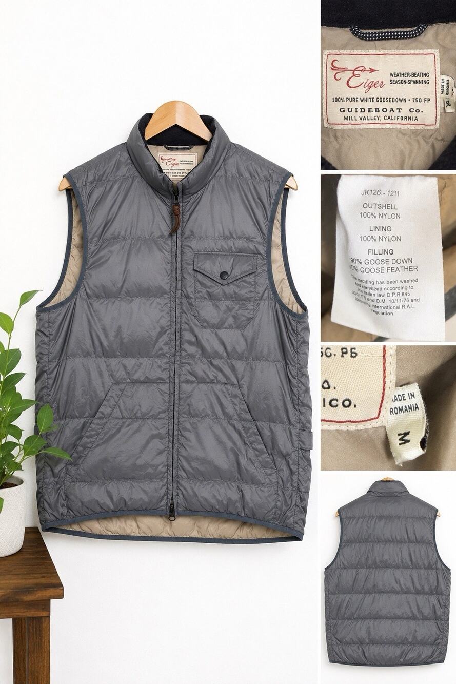 Guideboat Co. Eiger 750 Fill Power Goose Down Vest Men’s Medium Gray Full Zip